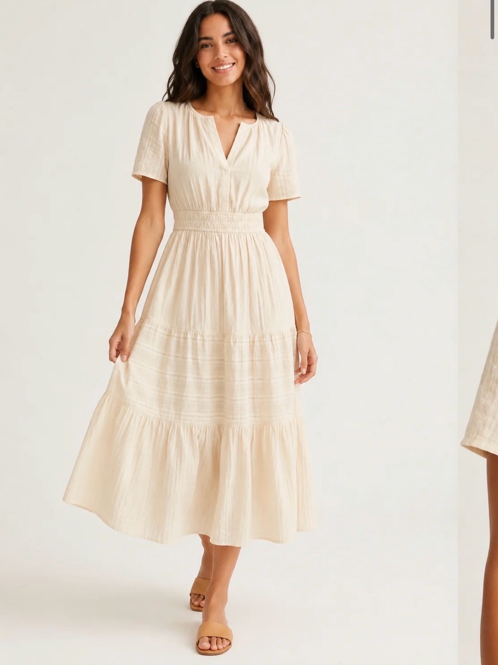 Lohnr, Solene Women's Cream Smocked Waist Midi Dress, Size L